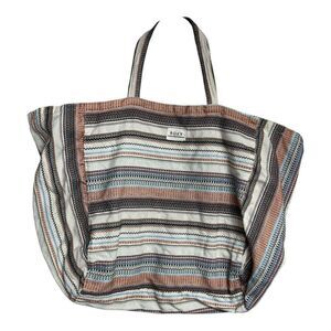Roxy Time Is Now Canvas Tote Bag Black White Striped Slouchy Gym Beach Bag